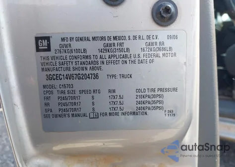 2007 Chevrolet Silverado 1500 Classic Work Truck из США, поврежденный, VIN 3GCEC14V67G204736